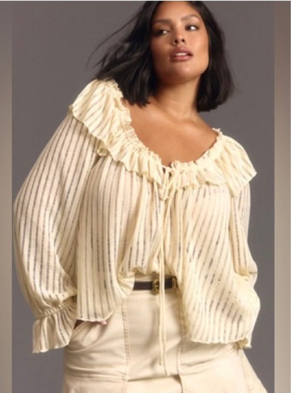 NWT Anthropologie Off Shoulder Ruffle Stripe Peasant Blouse XS Ivory Boho